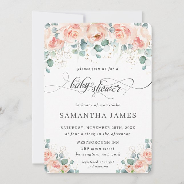 Rustic Peach Floral Roses Greenery Baby Shower Invitation (Front)