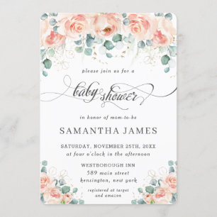 Rustic Peach Floral Roses Greenery Baby Shower Invitation