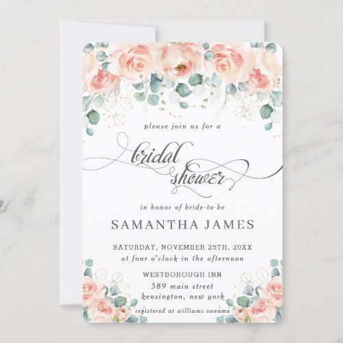 Rustic Peach Floral Roses Greenery Bridal Shower Invitation