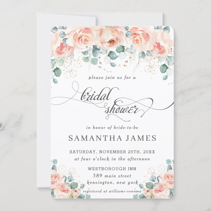 Rustic Peach Floral Roses Greenery Bridal Shower Invitation | Zazzle