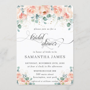 Rustic Peach Floral Roses Greenery Bridal Shower Invitation