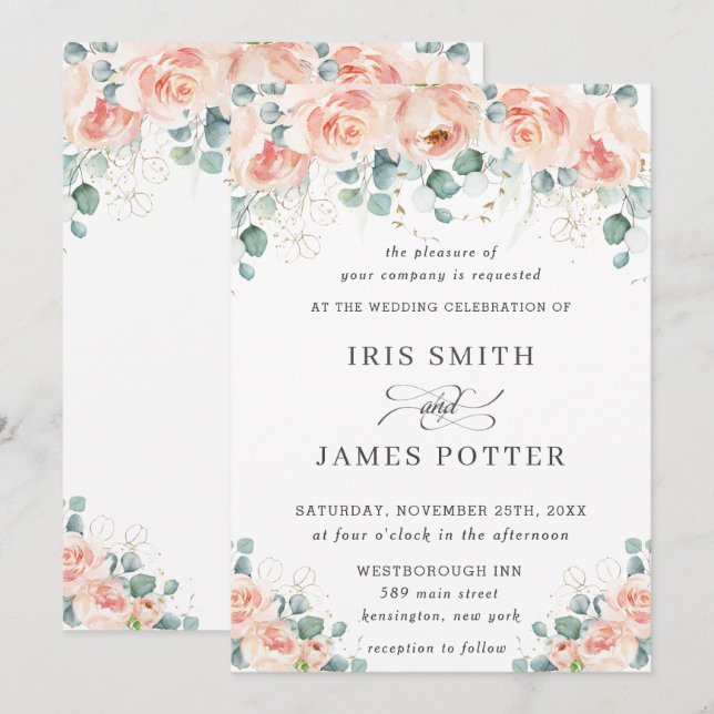 Rustic Peach Floral Roses Greenery Wedding Invitation (Front/Back)