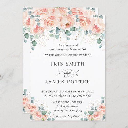 Rustic Peach Floral Roses Greenery Wedding Invitation