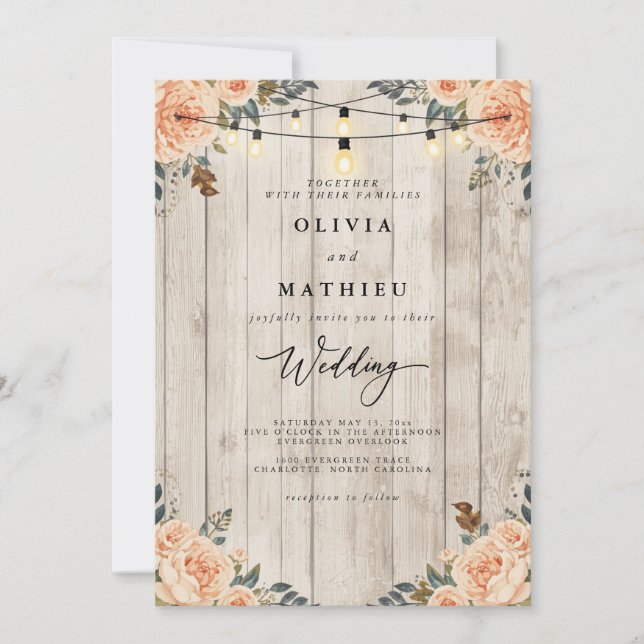 Rustic Peach Floral String Light Wedding Invitation (Front)