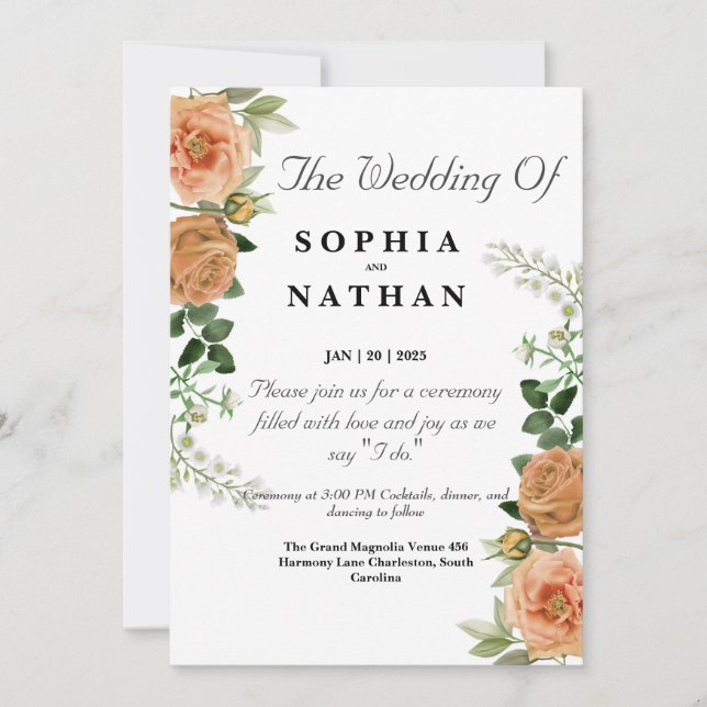 Rustic Peach Floral Wedding Invitation Greenery (Front)