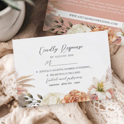 Rustic Peach Floral Wedding RSVP Card