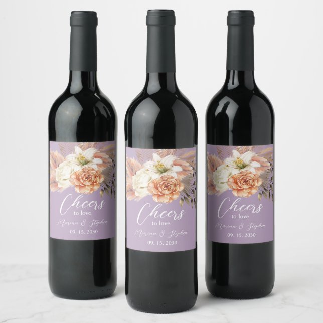 Rustic Peach Floral Wedding Wine Label (Bottles)