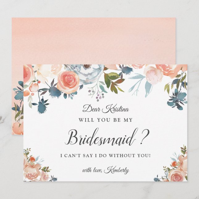 Rustic Peach Floral Will You Be My Bridesmaid Invitation (Front/Back)