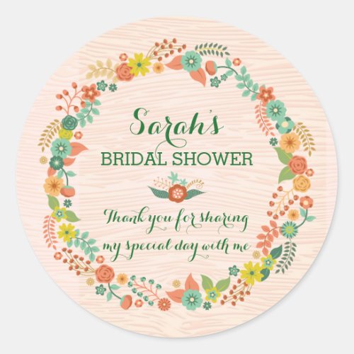 Rustic Peach Floral Wreath Bridal Wedding Shower Classic Round Sticker