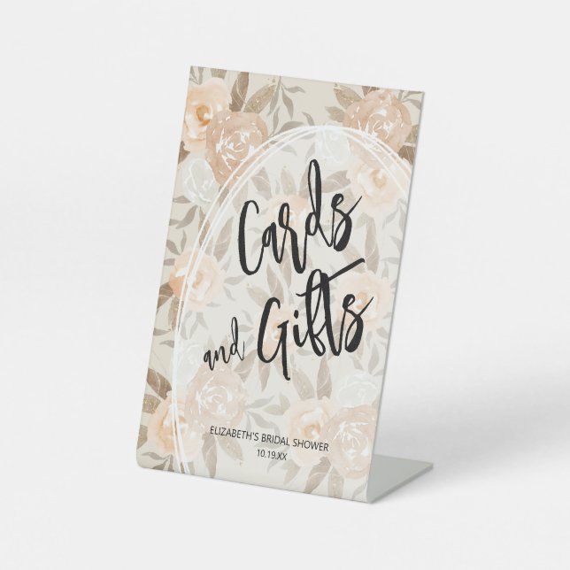Rustic Peach Flowers CARDS and GIFTS Bridal Shower Pedestal Sign (Front)