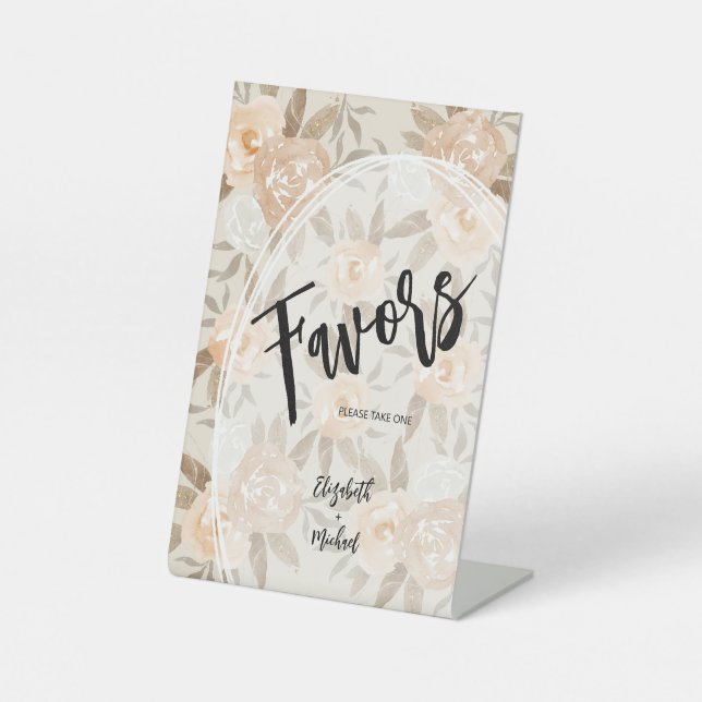 Rustic Peach Flowers FAVORS Wedding Pedestal Sign (Front)