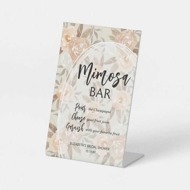 Rustic Peach Flowers Mimosa Bridal Shower Pedestal Sign (Front)