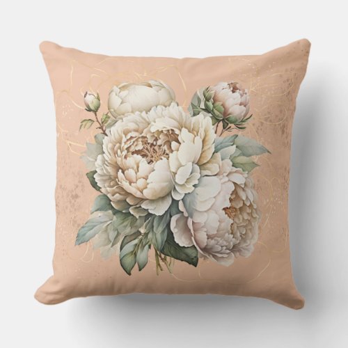 Rustic Peach Golden and Blush Peonies Throw Pillow