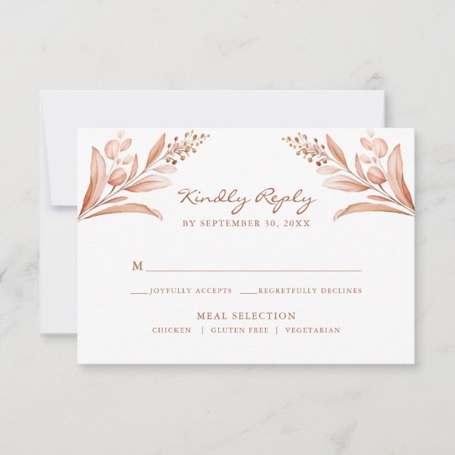 Rustic Peach Leaves Bouquet Wedding  RSVP Card (Front)