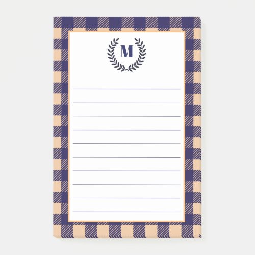 Rustic Peach  Navy Plaid  Monogram Post_it Notes