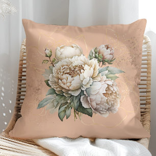 Rustic Peach Pillow with Golden and Blush Peonies
