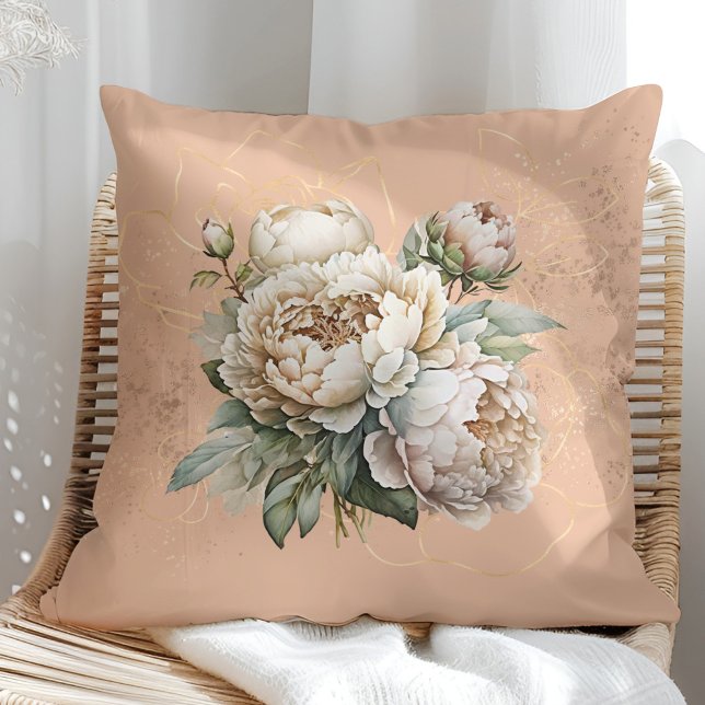 Rustic Peach Pillow with Golden and Blush Peonies (Rustic Peach Pillow with Golden and Blush Peonies in a sunny rattan armchair.)