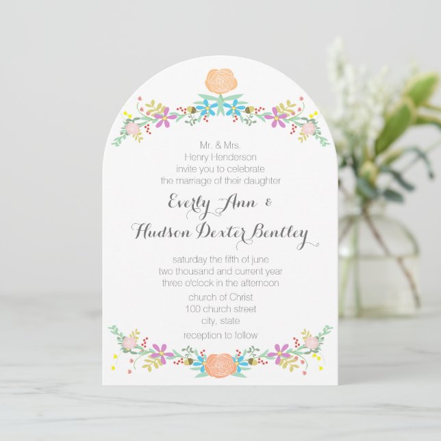 Rustic Peach Pink Mint  Die Cut Garland Wedding Invitation (Standing Front)