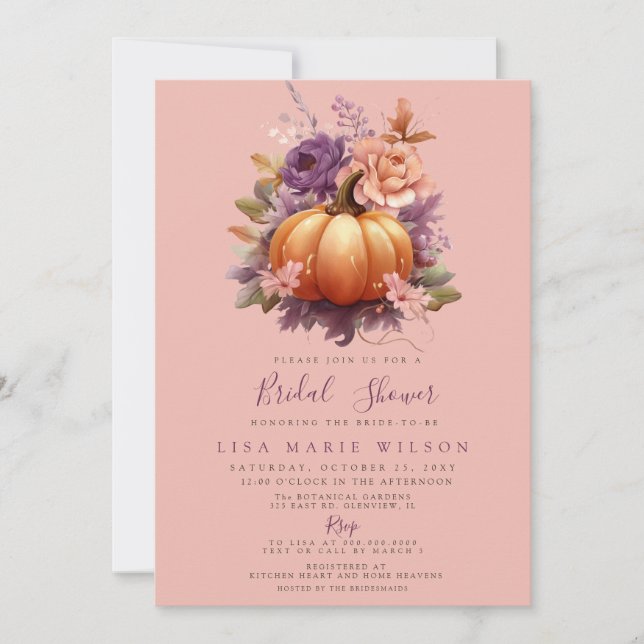 Rustic Peach Purple Pumpkins Fall Bridal Shower Invitation (Front)