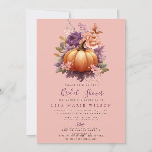 Rustic Peach Purple Pumpkins Fall Bridal Shower Invitation