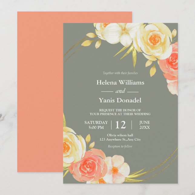 Rustic Peach Roses & Sage Green Floral Watercolor Invitation (Front/Back)