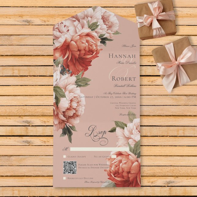 Rustic Peach & Rust Peonies on Peach QR Code All In One Invitation (Creator Uploaded)