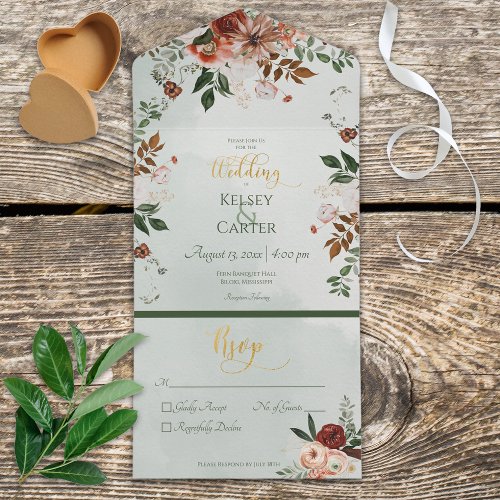 Rustic Peach Rust  Sage Green Floral No Dinner All In One Invitation