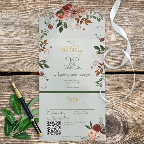 Rustic Peach Rust  Sage Green Floral QR Code All In One Invitation