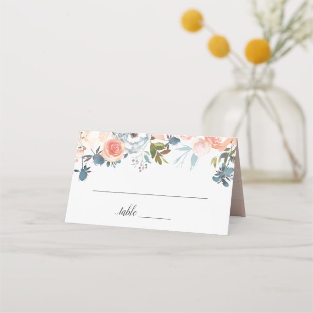 Rustic Peach Watercolor Fall Floral Wedding Place Card (Front)