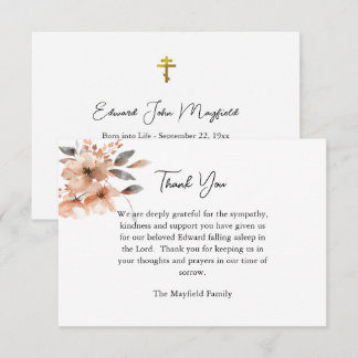Rustic Peach Watercolor Flowers Orthodox Funeral   Thank You Card