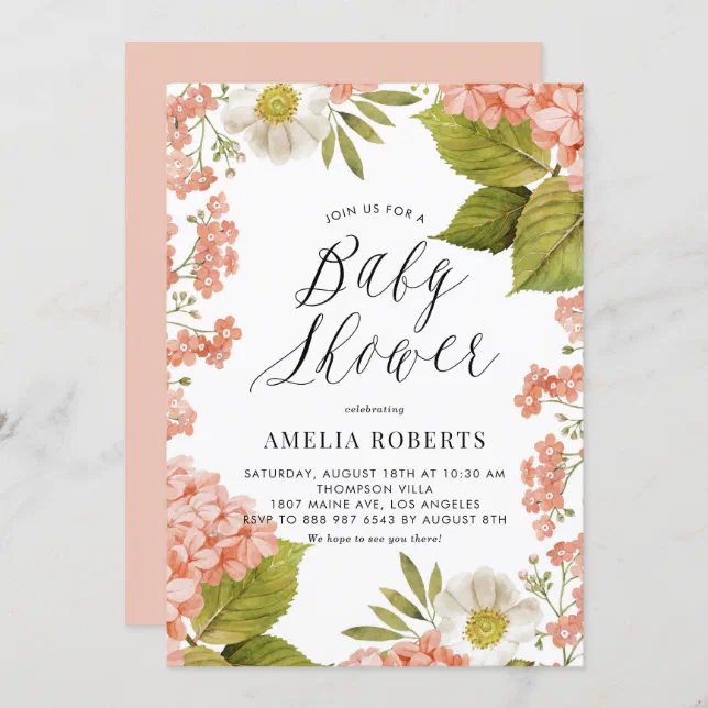 Rustic Peach Watercolor Hydrangeas Baby Shower Invitation | Zazzle