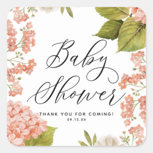 Rustic Peach Watercolor Hydrangeas Baby Shower Square Sticker