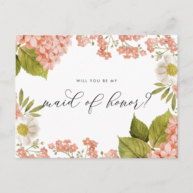 Rustic Peach Watercolor Hydrangeas Maid of Honor Postcard (Front)