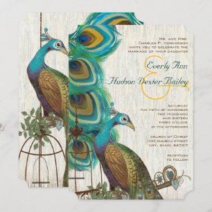 Rustic Peacock Bird Cage Feather Wedidng Invites
