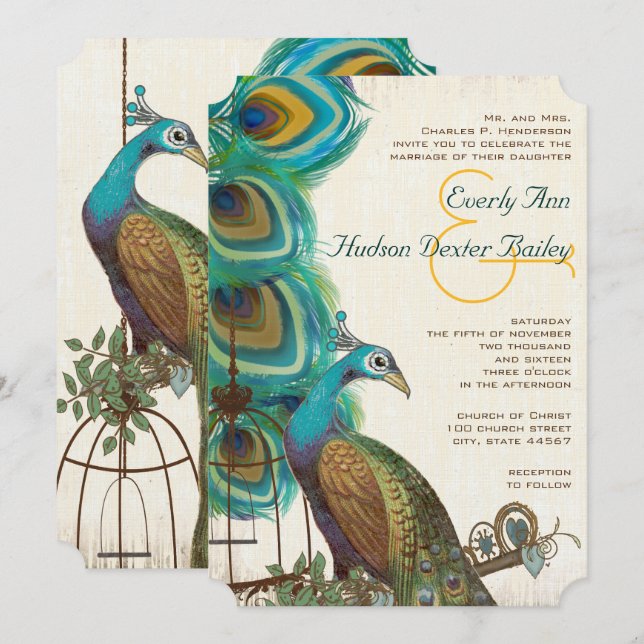 Rustic Peacock Bird Cage Feather Wedidng Invites (Front/Back)