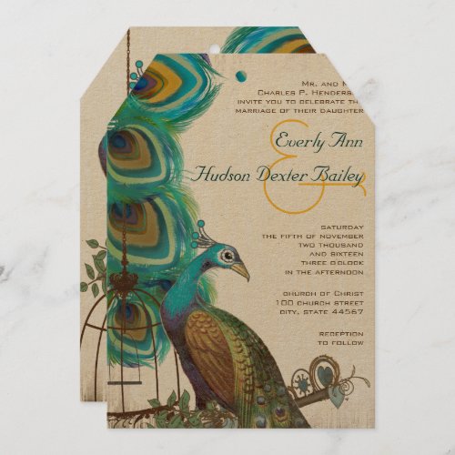 Rustic Peacock Bird Cage Feather Wedidng Invites