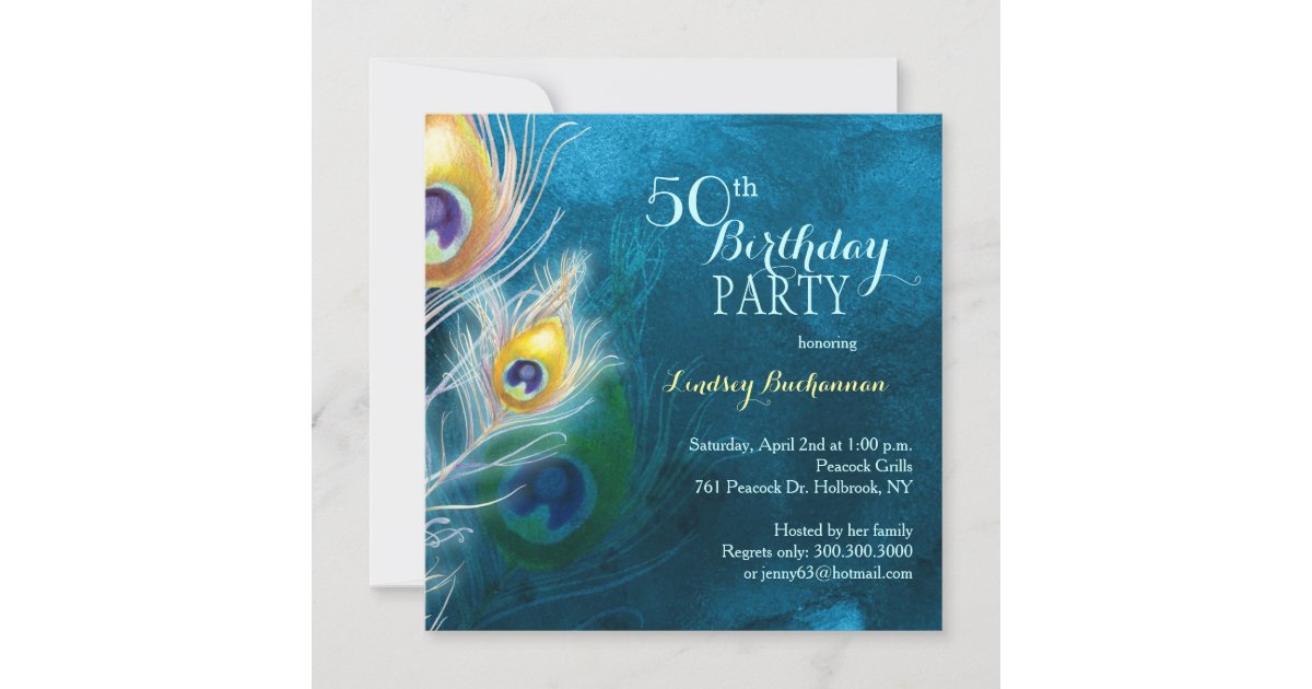 Rustic Peacock Blue 50th Birthday Party Invitation | Zazzle