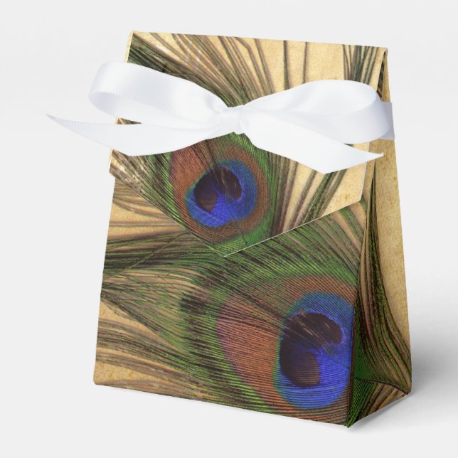 Rustic Peacock Feather wedding favor box (Front Side)
