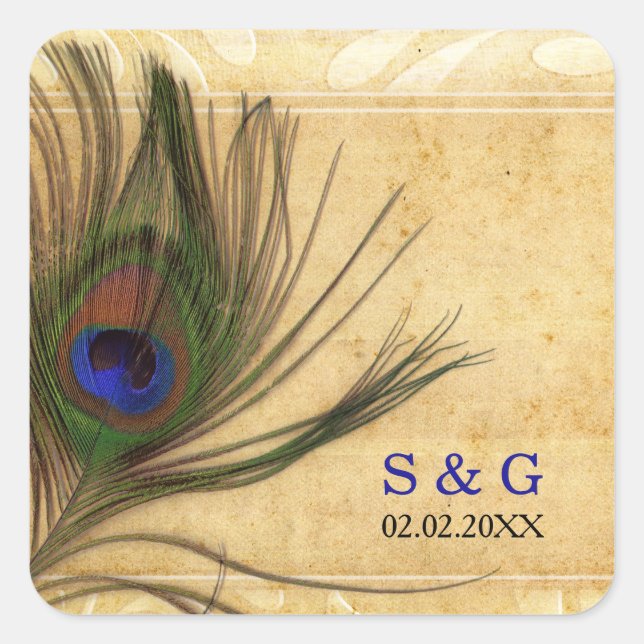 Rustic Peacock Feather wedding favors stickers (Front)