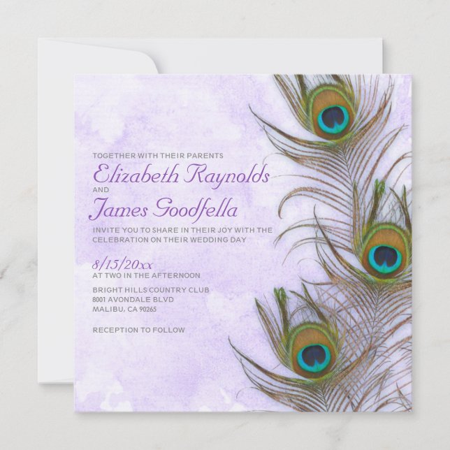 Rustic Peacock Feather Wedding Invitations (Front)