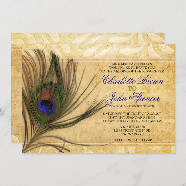 Rustic Peacock Feather wedding invitations (Front/Back)