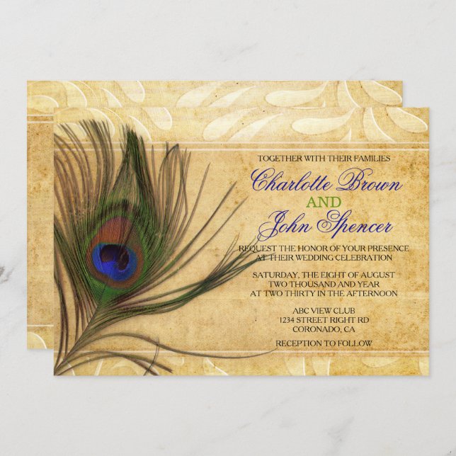 Rustic Peacock Feather wedding invitations (Front/Back)