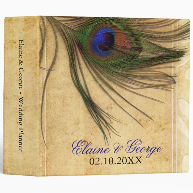 Rustic Peacock Feather wedding Planner Binder (Front/Spine)