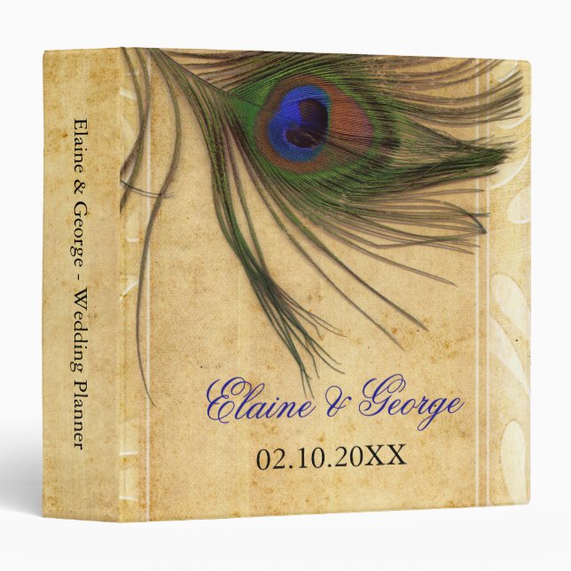 Rustic Peacock Feather wedding Planner Binder (Front/Spine)