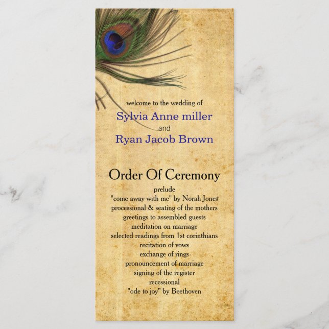 Rustic Peacock Feather wedding programs (Front)