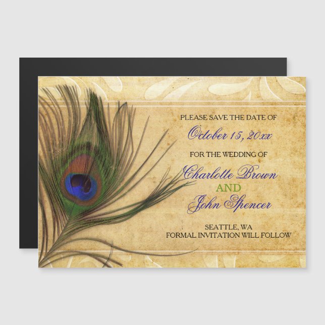 Rustic Peacock Feather wedding save the date Magnetic Invitation (Front/Back)