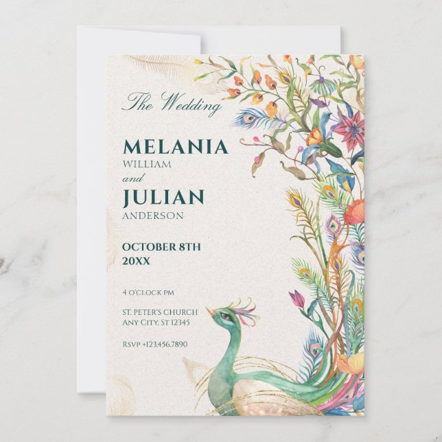 Rustic peacock floral wedding  invitation (Front)