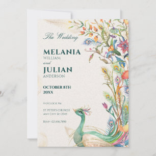 Rustic peacock floral wedding invitation