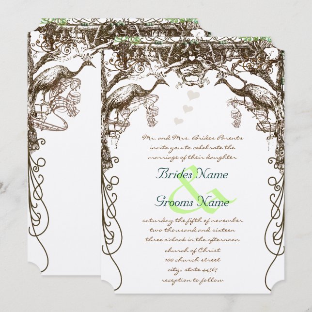 Rustic Peacock Vintage Love Birds Invitation (Front/Back)
