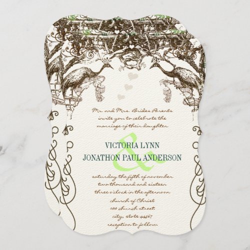 Rustic Peacock Vintage Love Birds Invitation